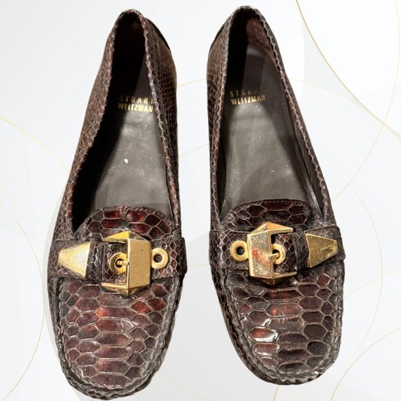 Stuart Weitzman Croc Embossed Patent Leather Loafers Brown - Picture 2 of 7